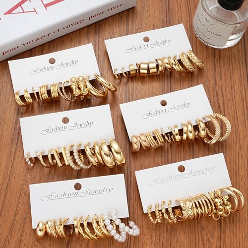 36 Pairs Gold Hoop Earrings Set for Women, Fashion Chunky Gold Hoop Earrings Multipack, Hypoallergenic Pearl Chain Twisted Statement Earring Pack for Birthday Party Jewelry - Thumbnail 6