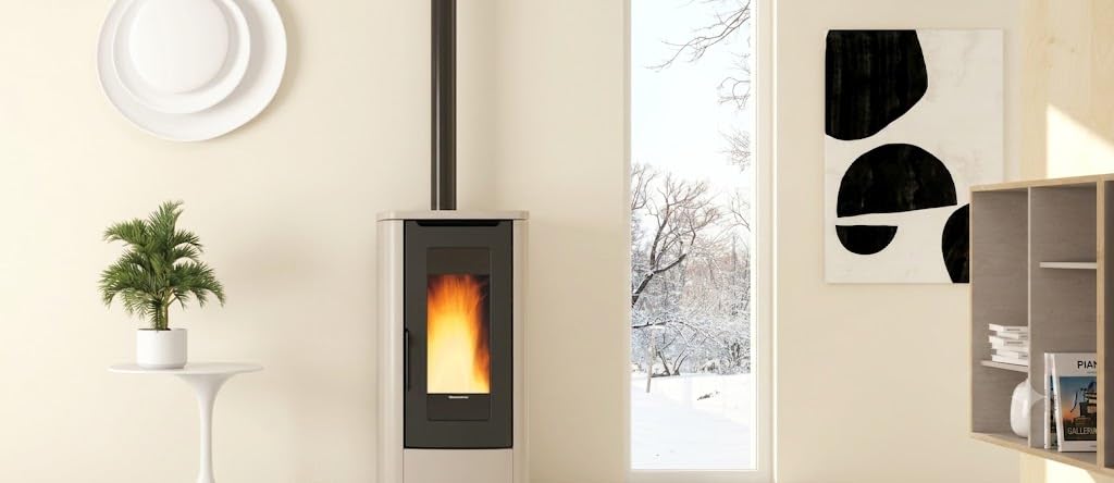La Nordica Extraflame Teorema Pelletofen, elfenbeinfarben, 12 kW, belüftet, 5-Sterne-Zertifizierung, saubere Luft, Energieeffizienzklasse A+