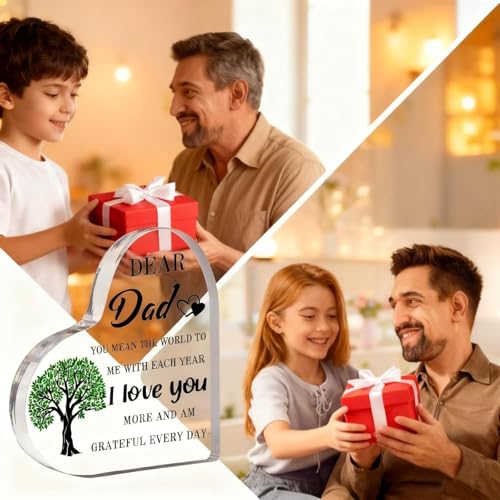 Image of Gift for Dad from Daughter Son Wife Acrylic Heart Plaque Paperweights, Ideas for Birthday, Christmas or Father's Day