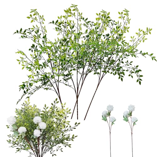 Vndnsy 4 branch 41.34 Green Nandina Faux Branches and 2 branch 25.98 White imitation silk chrysanthemum artificial flowers. For Wedding Shop Garden Office Home Décor Vase Indoor Kitchen etc.
