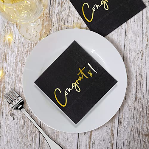 Congratulations Cocktail Napkins 50 Pack Gold Foil Congrats! Black Paper Napkins Party Supplies Disposable Bar Napkins Perfect For Engagement, Graduation, Baby Shower, Celebration Party 6.5'' X 6.5'' #TOP4