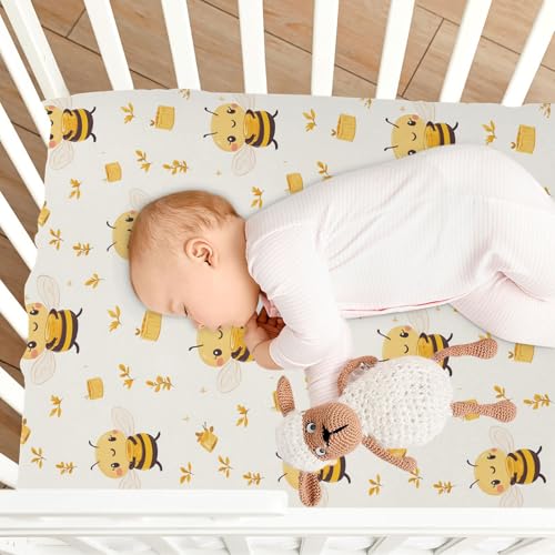 Image of Fitted Crib Sheets Yellow Bee Holding Honey Pot Stretchy Portable Playard Sheets for Baby Toddler, Breathable Soft Mini Crib Mattress 39 x 27 in for Boys and Girls