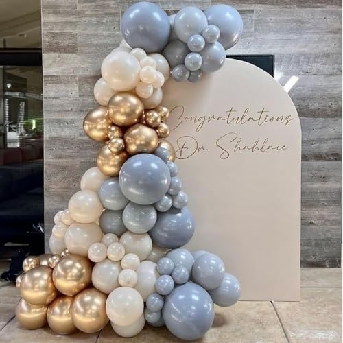 Image of Dusty Blue Beige Balloons, 12 Inch Fog Blue Sand White Balloons with Cream Ivory Metallic Gold Balloon for Baby Shower Boho Bridal Shower Birthday Wedding Engagement Party Decorations Supplies