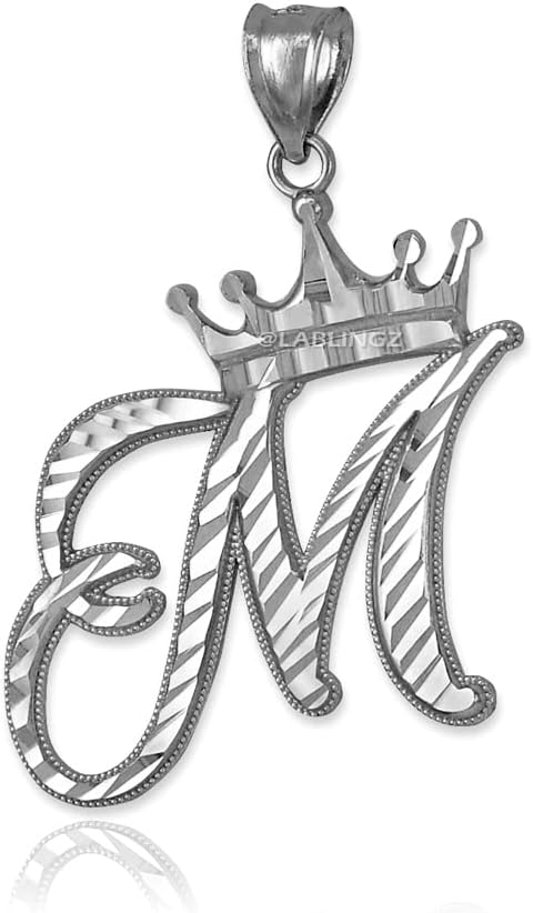 Sterling Silver Letter 'M' Initial Cursive Crown DC Pendant Necklace