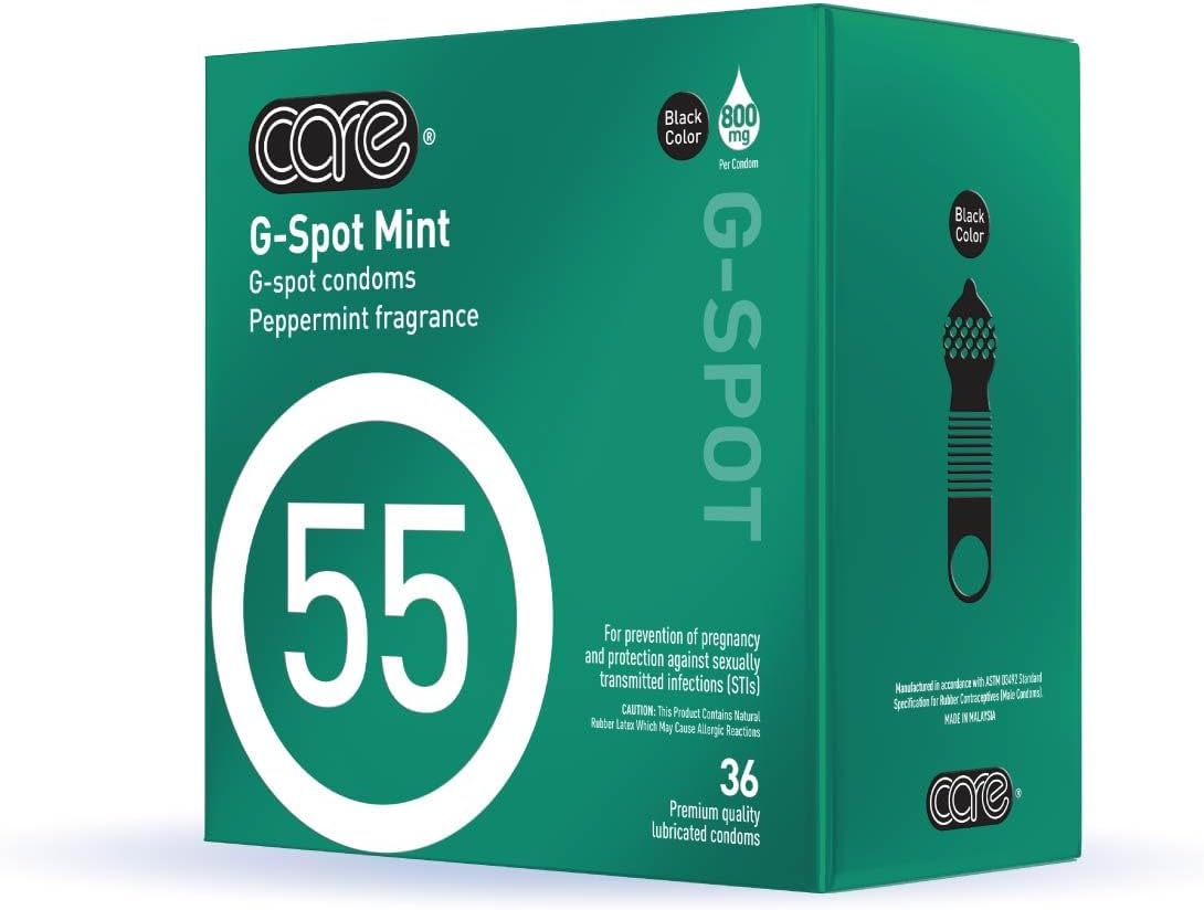 CARE 55 Black G-Spot Condoms – Dot & Rib Dual Texture, Natural Rubber Latex, Peppermint Scent, 800mg Lubricant, Premium Metallic Box, Individually Wrapped