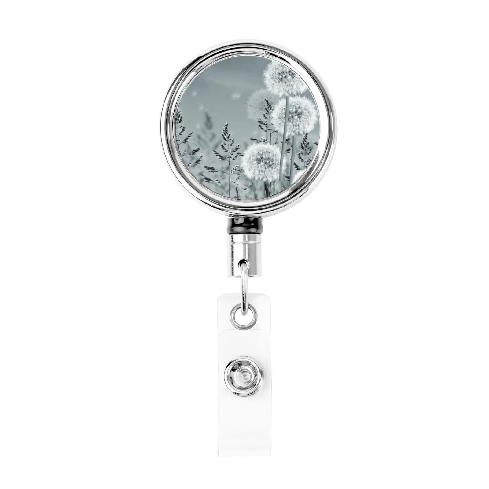 Dandelion Flower Gray Metal Retractable Badge Holder Heavy Duty Name Id Badge Reels Holder for Nurses Teachers Doctors