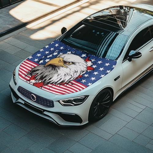 Image of USA Flag Car Hood Cover Elastic Car Hood Cover Banner 3D Eagle Car Hood Dust Covers 4th of July Automobile Front Hood Cover Cars Sedan Accessories
