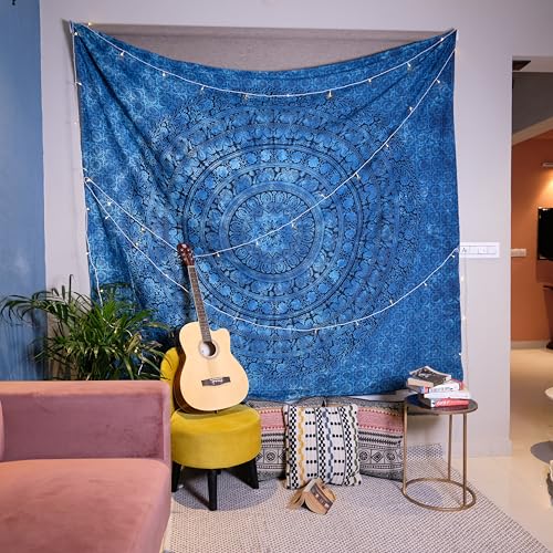 Image of Craft Trade 90x108 Inches Blue Cotton Mandala Ombre Wall Hanging Tapestry