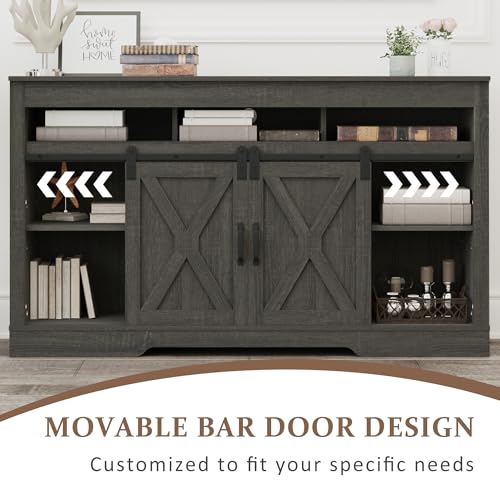Image of RoyalCraft Farmhouse TV Stand for 65+ Inch TV, 34'' Tall Entertainment Center with Sliding Barn Doors, Rustic Wood Media Console Storage Cabinet Television Stand for Living Room, Bedroom (Dark Grey)