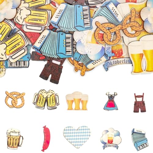 WUSJCOF 50 Pezzi Decorazioni da Tavola in Legno - Dirndl, Lederhose, Brezel, Cuore, Boccale di Birra, per Feste Oktoberfest, Party Bavarese, Decorazioni per Compleanni e Eventi Aziendali