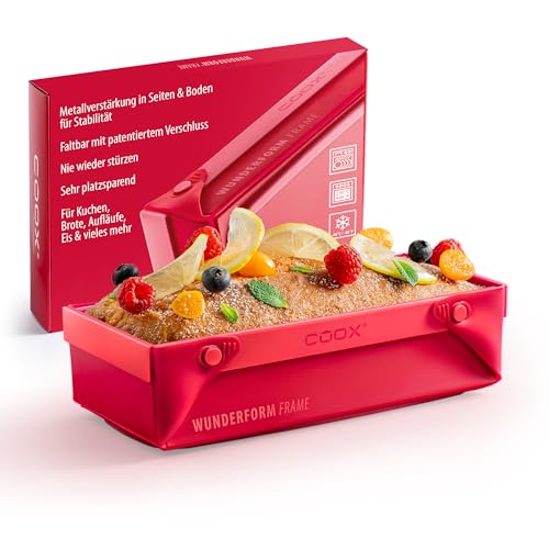 coox WUNDERFORM Frame M - die faltbare Kastenform mit Metallverstärkung - Backen & Servieren in Einem I Antihaft-Silikon I Spülmaschinenfest I Kein Stürzen I BPA-frei Rot