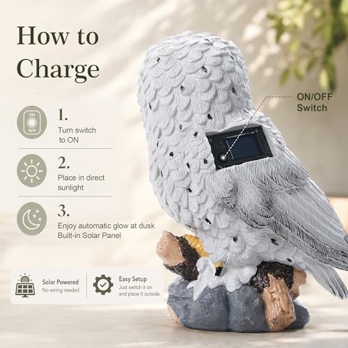 Large Solar Owl Garden Outdoor Statue, IP65 Waterproof Resin Owl Figurines with Built-in LED Lights, Fake Owl Figurine Decorations for Yard Patio Lawn, Housewarming Gifts for Women Mom, White — view 4