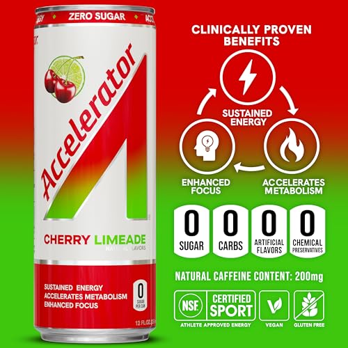 Image of Accelerator Energy Drink, Cherry Limeade 12oz can (24 pack), Zero Sugar, Sustained Energy from 100% Natural Caffeine (200mg from Green Coffee Bean & Green Tea extract)