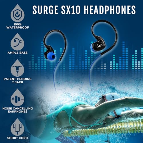 H2O Audio SURGE SX10 Waterproof IPX8 Headphones –(Short Cord Design), In-Ear Noise Cancelling Earbuds for Swimming, Running, Sports – Lightweight, Secure Fit, Dynamic Bass, Memory Foam Tips
