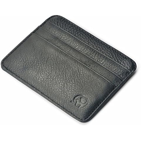 Genuine Leather Credit Card Holder Wallet - 6 Card Slots and 1 Pockets, Slim Design by mSure(Lines Black) Cover