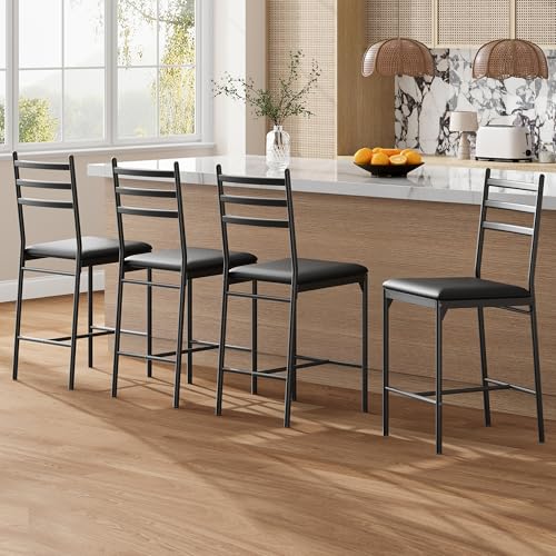 Image of GarveeHome Bar Stools Set of 4, Counter Height Bar Chairs with Back and Thick Cushion, Upholstered Dining Chairs with Padded Seat, Barstools for Kitchen Island, Bar, Dining Room, Retro Black