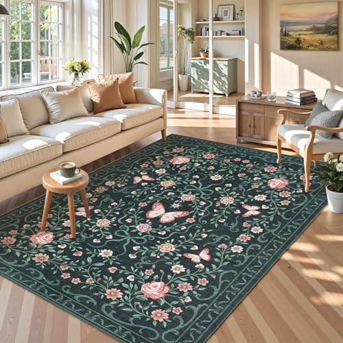 Tapete Floral Antideslizante Lavable 5x7 Negro miniatura 1