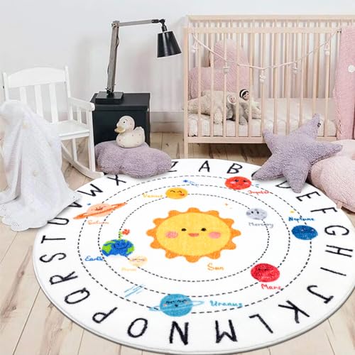 Image of HEBE 4ft Round Kids Play Rug ABC Alphabet Nursery Rug for Bedroom Playroom Non Slip Fun Educational Playmat Round Circle Carpet Crawling Mat for Classroom Infant Toddlers