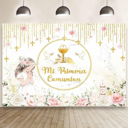Bannière de première communion pour fille avec déco de fleurs roses et Graal