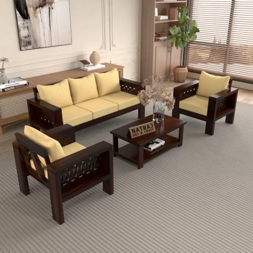 Image of NATRAJ ART & CRAFT Sheesham Wood 5 Seater Sofa Set for Living Room | Wooden Sofa Set for Living Room Furniture (3+1+1 Seater, Walnut Finish)