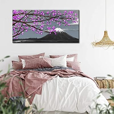 LoveHouse Purple Tree Wall Art Painting Blossom Cherry Flower with Mt Fuji Japan Landscape Picture Art Prints for Bedroom Living Room Office Room Decor Stretched Framed Ready to Hang 24x48 inches