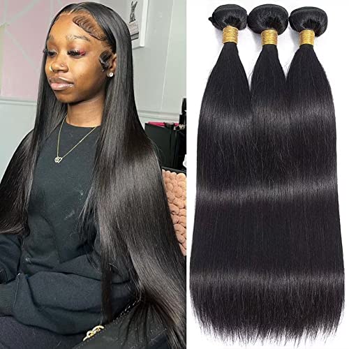 10A Straight Hair Bundles 26 28 30 Inch Brazilian Human Hair Bundles 100% Unprocessed Virgin Hair Straight Weave Hair Bundles Natural Color Human Hair 3 Bundles