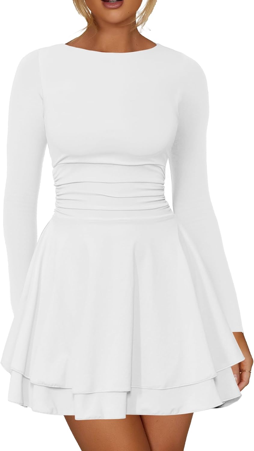 Kaximil Women's Crew Neck Long Sleeve Corset Mini Dress Ruffle Hem Short Party Club Dresses