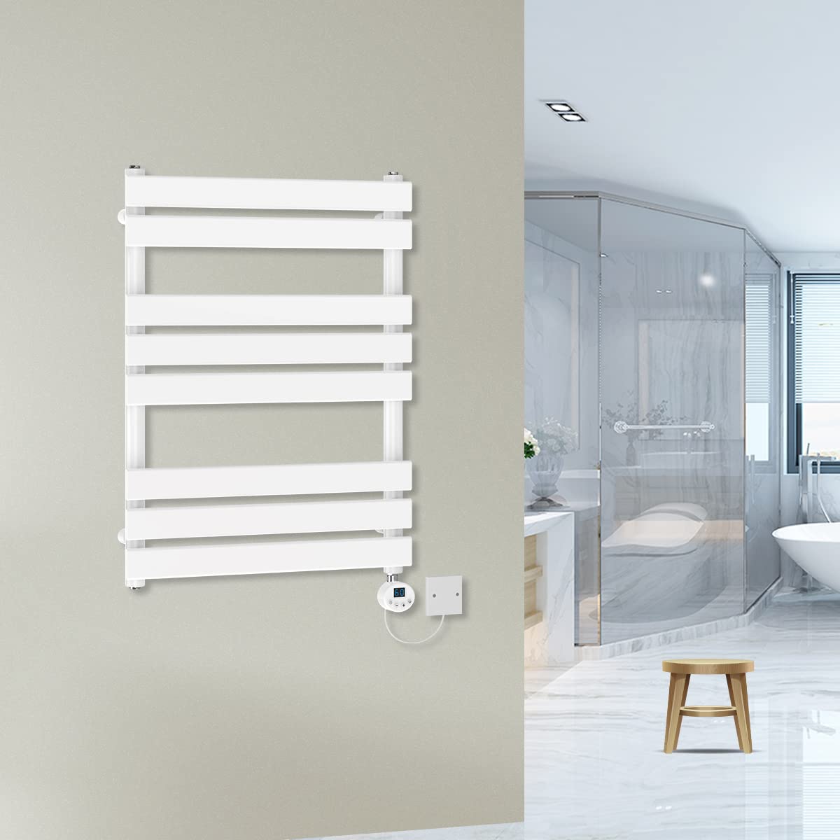 Warmehaus White Prefilled 800X600mm Flat Panel Electric Heated Towel Rail Thermostatic Bathroom Radiator 400W