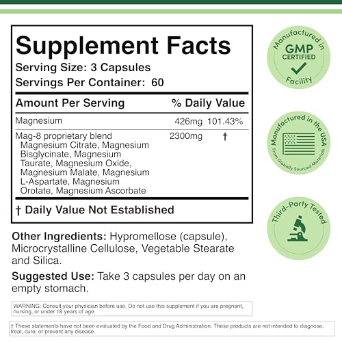 Magnesium Complex Supplement 180 Capsules (426mg Elemental Magnesium Provided by 2,300mg of Eight Different Forms of Magnesium) MAG-8 Provides 100% Daily Recommended Value of Magnesium by Double Wood