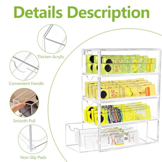 2 Pack Drink Packet Organizer, Acrylic Drink Mix Holder with 4 Clear Drawers Water Flavor Packets Container for Kitchen Pantry Home Organization (2 Pack)