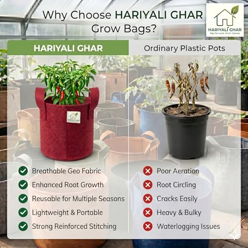 Image of 400 GSM Geo Fabric Round Grow Bags 9x9 Inch with Handle, Red Planting Bags for Terrace and Kitchen Gardening Pack of 20