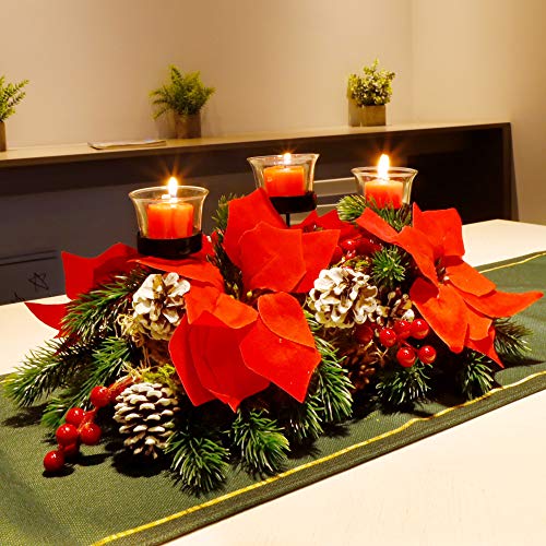 FORUP Christmas Centerpiece with 3 Candle Holders - Poinsettia Tabletop