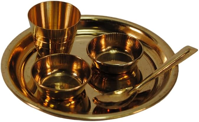Terrapin Trading Pure Brass Puja Thali Set Laddu Gopal Bhog kanha ji Diya Ghanti Plate 5 pcs Set Holi Diwali Temple Pooja Gold