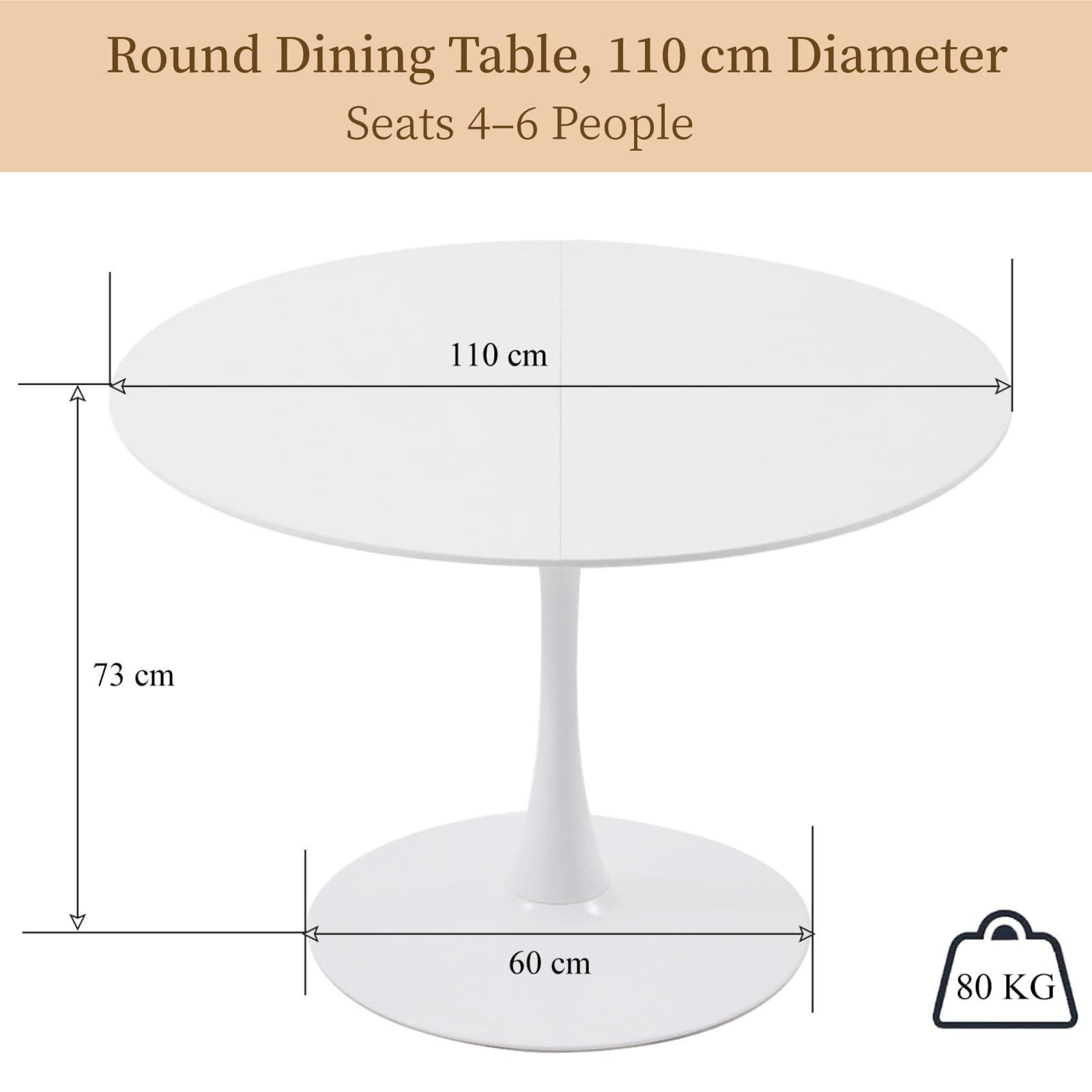 Table Ronde Blanche 110 Cm Style Scandinave - Pour 4 à 6 Personnes, Salle à Manger, Salon, Jardin Ou Bureau