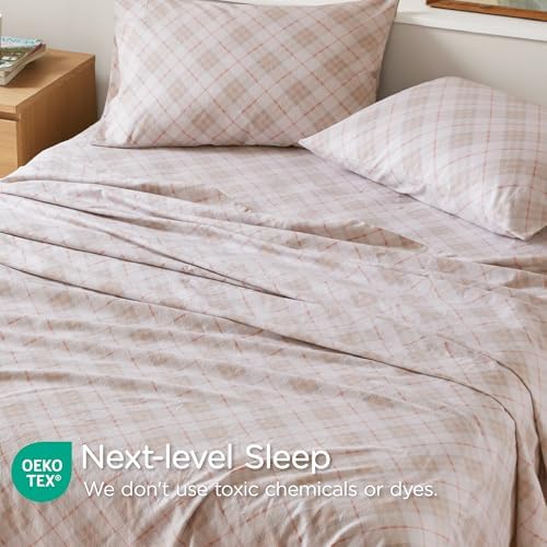 Codi Flannel Sheets Queen Size- 4 Pieces Ultra Soft Warm Sheet Set, Cozy 100% Cotton Pink Plaid Bedsheets, Brushed for Extra Softness, Fall Themed, 14 Inch Deep Pocket - Thumbnail 3