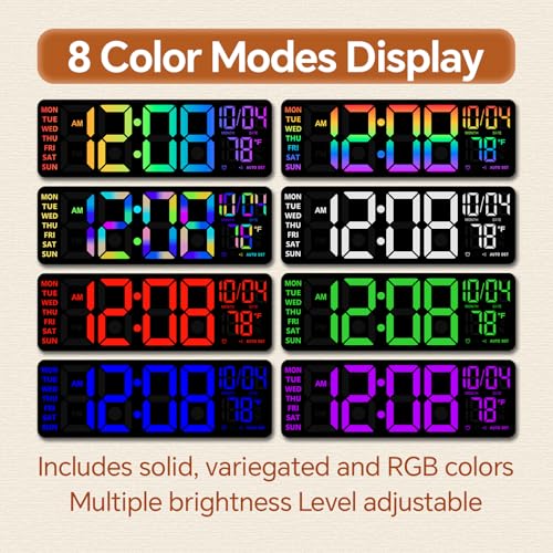 YISILE 16 Inch RGB LED Digital Wall Clock - 8 Color Display, 6 Night Light Modes, Bluetooth Auto Time Sync, Sound Wake-Up, Dual Alarm, Auto DST, Remote Dimmer for Bedroom, Living Room & Gaming Room - Image 3
