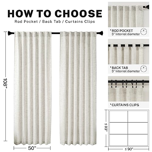 Meetbily Curtains Panels For Back Tab Semi Sheer, Linen Textured Drapes Rod Pocket, Flax Curtains For Farmhouse/Bedroom/Living Room/Window (2-Pack, 50 X 108 Inch, Natural) #TOP2