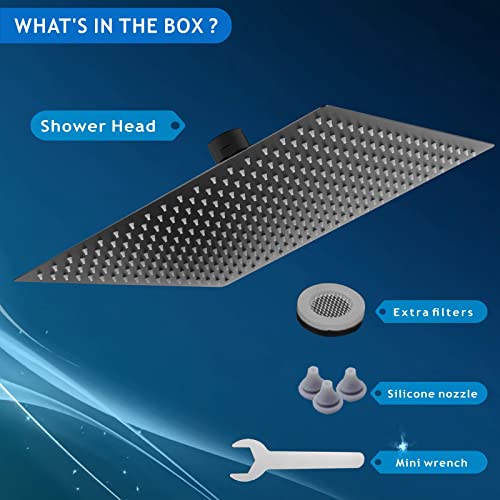 All Metal Rain Shower Head - Voolan High Flow Square Rainfall Showerhead - Waterfall Full Body Coverage - Universal Ceiling or Wall Mount (16 Inch, Black)