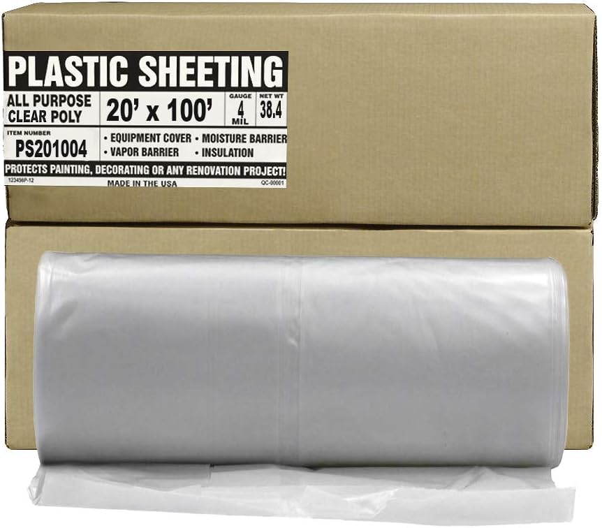 Aluf Plastics Clear All Purpose Poly Sheeting, Extra Strong, 4 mil, 20' x 100' for Painting &amp; Furniture (1 Pallet of 25 Rolls)