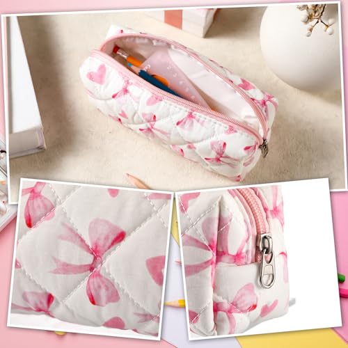 Image of Sherr Coquette Bow Pencil Case Pink Bow Cute Pencil Pouch Soft Cotton Storage Bag Aesthetic Pattern Gift Makeup Pouch Cosmetic Travel Bag for Women