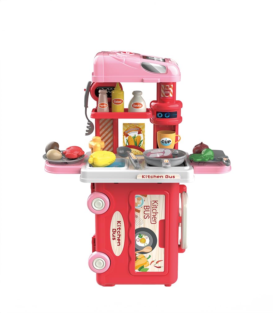 BOWA 3 in 1 Kitchen Playset with 32 Pcs in Bus Theme - Kitchen Playset Pretend Food for Toddlers Kids, Toy Accessories for Boys and Girls