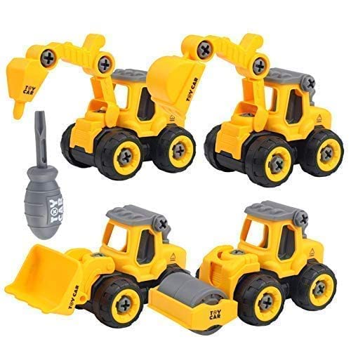 PRIMIL Plastic Construction Trucks with Screwdriver Tools, 4 Pack, Multicolour