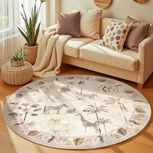 jinchan Round Rug 5ft Beige Jungle Animals Print, Machine Washable 5' Circle Modern Soft Non-Slip Forest Plant Throw Area Rug, Ultra-Thin Low Pile Carpet for Entryway Bedroom Kitchen Kids Room - Image 3