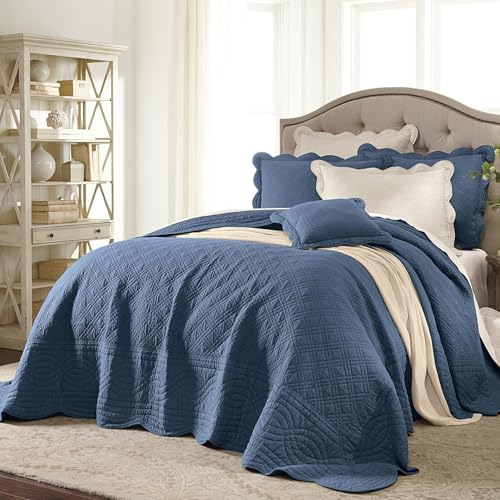 BrylaneHome Bedding Lightweight All Season Florence Quilted Oversized 100% Cotton Ultra Supreme Softness Bedspread - King, Smoky Blue