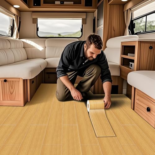 VFGFDJNDFX Suelo Vinilo Autoadhesivo Impermeable Para Auto Caravana, Efecto Madera Pavimento Pvc Rollo Alta Resistencia Para Motorhome (Roble amarillo,60 * 500cm)