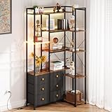 OYRREU Corner Bookshelf, Bookcase with LED Light & 6 Fabric Drawers, Corner Shelf Unit, Tall Large Display Shelf, L Shaped Shelving Unit for Living Room and Bedroom, Rustic Brown