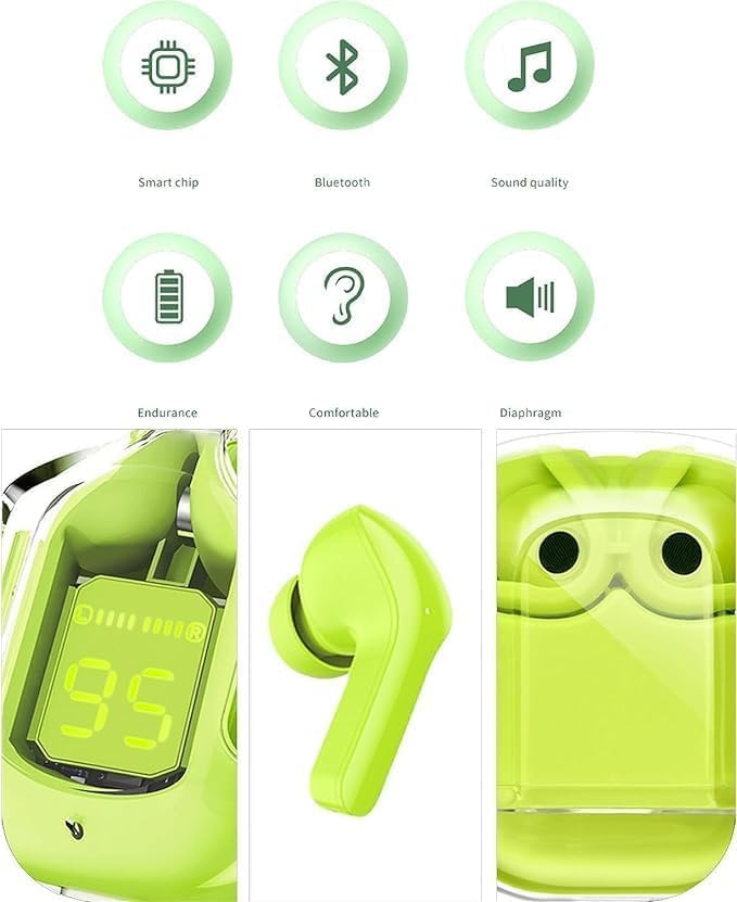 Image of Ultrapod Wireless Bluetooth in Ear Earbuds, Transparent Charging Case, Active Nois Cancellation, Led Digital Display, Quantum Sound Pods,Touch Control, Water Resistant Green