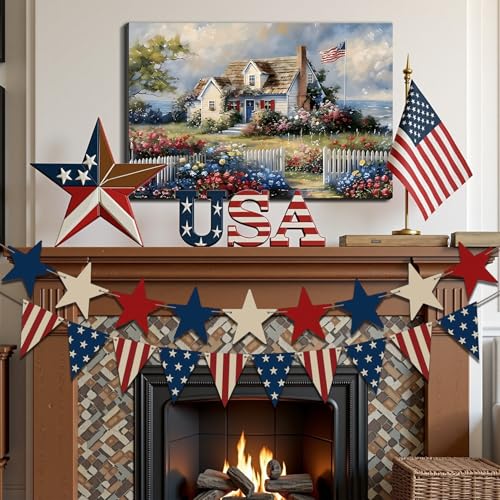 Image of Framed American Flag Coastal Cottage Wall Art, Patriotic Seaside House Canvas Art Pictures, USA Flag Floral Garden Wall Decor, Made in USA Ready to Hang for Living Room Entryway