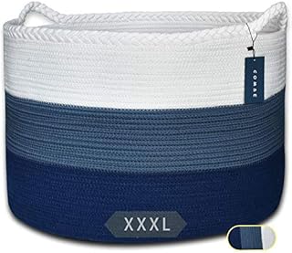 COMSE Extra Large Blanket Basket, Storage Basket, Rope Laundry Basket, 55 x 35 CM, Cotton Rope Basket, XXXL Laundry Basket, Toy Basket, Woven Basket, Clothes Baskets, White/Cadet blue/Navy Blue