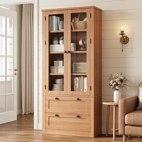 71" Tall Kitchen Pantry Cabinet - Modern Display Storage Cabinet with 2 Large Drawers, Glass Doors, and Adjustable Shelves, Farmhouse Kitchen Cupboard for Dining Room, Bathroom, Living Room,
